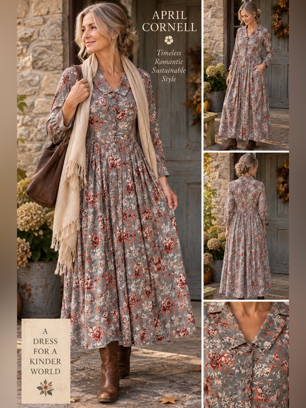 NWT April Cornell Vintage Sage Floral Midi Maxi Dress Cottagecore S